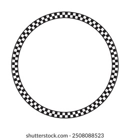 Round frame with black and white checkered print. Circle shaped vignette with checkerboard, race flag or chess game plane pattern. Geometric framework. Vector graphic illistration.