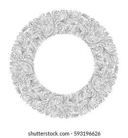 Round frame with black and white doodle flowers. Vector element for invitations, greeting cards, and your creativity. Color book page