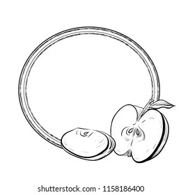 Round frame with black and white engraved illustration of apples. Hatched drawing. The object is separate from the background. Template for the menu, recipes, postcards and your creativity.