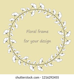 Round frame with black and white simple doodle flowers.Decoration for greeting card,wedding invitation,save the date.Floral frame for your disign with place for your text
