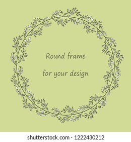 Round frame with black and white simple doodle branches,berries and leaves .Decoration for greeting card,wedding invitation,save the date.Wreath for your design with place for text