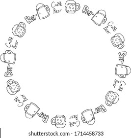 Round frame with black-and-white beer mugs on white background. Vector image. 