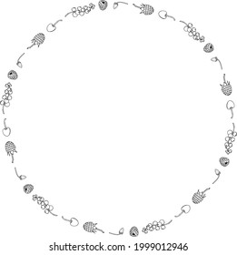 Round frame with black-and-white raspberry, red currant, wild strawberries and  cherry on white background. Vector image.
