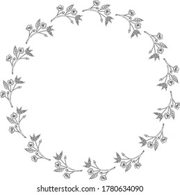 Round frame with black-and-white sakura branches on white background. Vector image. 