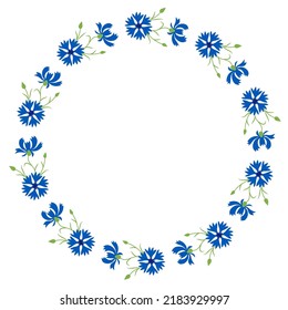 Round frame with blooming blue flowers cornflowers. Vector illustration. Postcard napkin, decoration. Floral pattern for decor, design, print and napkins