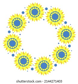 Round frame with blooming sunflowers. Napkin-postcard in yellow-blue colors, color of Ukrainian flag. Vector illustration. Ukrainian pattern in for decor, design, print and napkins