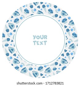 Round frame with blue cupcakes; for packaging, greeting cards, posters, banners, invitations, web design.