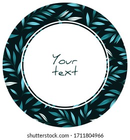 Runder Rahmen mit blauem Blattzwirn auf schwarzem Hintergrund; für Grußkarten, Einladungen, Hochzeitskarten, Poster, Banner, Webdesign.