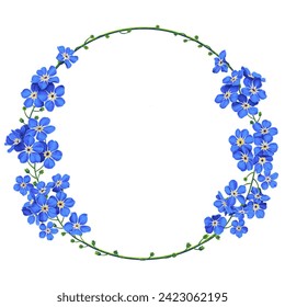 A round frame with blue forget-me-nots in a wallpaper for your product design, postcards, invitations, labels, window decoration and advertising with a spring theme, print for clothes and textiles.