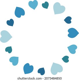 Round frame with blue hearts on white background. Vector image.