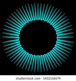 Round frame of blue rays on black background. Design for club, party, invitation. Abstract neon background for your design.