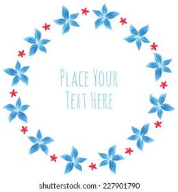 Round frame blue and red flower garland - watercolor vector template