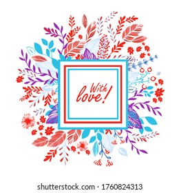 Round frame with blue and red flowers and leaves. Vector illustration