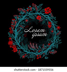 Round frame with blue and red flowers and leaves. Vector illustration