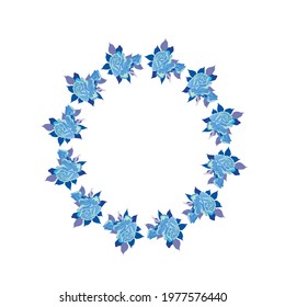 Round frame of blue roses on a white background . Vector illustration.