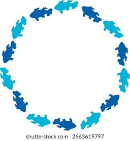 Round frame with blue silhouettes of fish on white background. Vector image.