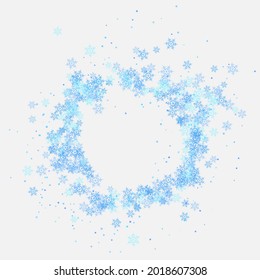 Marco redondo de copos de nieve azules sobre fondo blanco. Antecedentes de las vacaciones de Navidad. Ideal para el Año Nuevo y para la fiesta de Navidad afiches, cabeceras, fondo de pantalla de temporada, fondo de invierno. Ilustración del vector