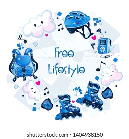 Round frame with blue sports accessories for. Roller skates, helmet, music headphones, player, backpack, funny clouds. Vector shape for text or photo with cartoon objects.