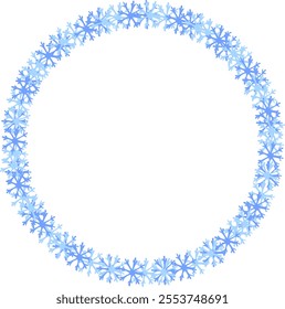 Round frame of blue vector snowflakes isolated from background. Winter concept. Christmas or New Year round frame. Snow