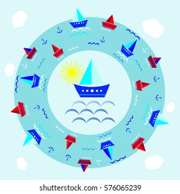 round frame with boats, sailboats, sun, blue card background vector illustration