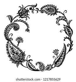 Round frame in a boho style paisley pattern. Traditional decorative ornament, buta, mehendi, black and white vector illustration.