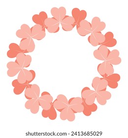 Round frame border of abstract shamrocks in trendy Peach Fuzz shades. Design concept for greetings