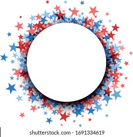 Round frame or border of blue and red stars with shadows on white background. Vector illustration.