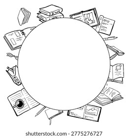 Round frame border books doodle sketch. Reading education circle wreath vector illustration isolated on white. Bookworm, library, text placeholder line art.