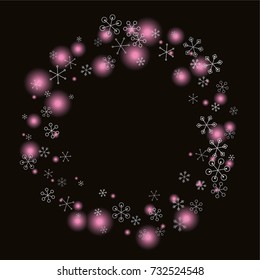 Round frame or border Christmas background with random scatter falling silver snowflakes and pink blurred lights isolated on black