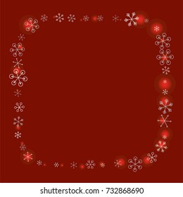 Round frame or border Christmas background with random scatter falling silver snowflakes and red blurred lights on a burgundy background.