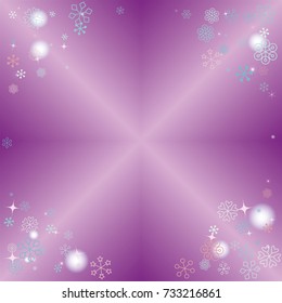Round frame or border Christmas background with random scatter falling colorful snowflakes, blurred lights and sparkles on a lilac gradient background