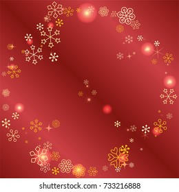 Round frame or border Christmas background with random scatter falling golden snowflakes, red blurred lights and sparkles on a red gradient background