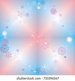 Round frame or border Christmas background with random scatter falling colorful snowflakes, bright lights and sparkles on a blue and pink blurred background