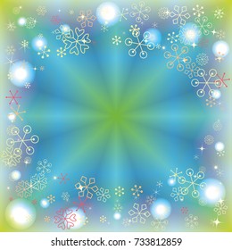 Round frame or border Christmas background with random scatter falling colorful snowflakes and bright lights and sparkles on a blue and green background.