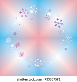 Round frame or border Christmas background with random scatter falling colorful snowflakes, bright lights and sparkles on a blue and pink blurred background