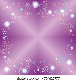 Round frame or border Christmas background with random scatter falling colorful snowflakes, blurred lights and sparkles on a lilac gradient background