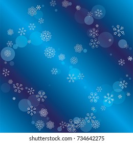 Round frame or border Christmas background with random scatter falling silver snowflakes and blue polka dots on a navy blue background.