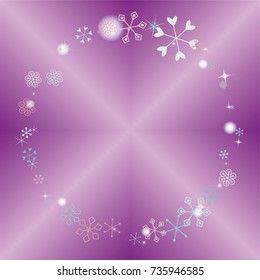 Round frame or border Christmas background with random scatter falling colorful snowflakes, blurred lights and sparkles on a lilac gradient background