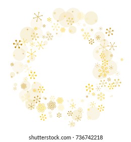 Round frame or border Christmas background with random scatter falling golden snowflakes and yellow polka dots isolated on white.