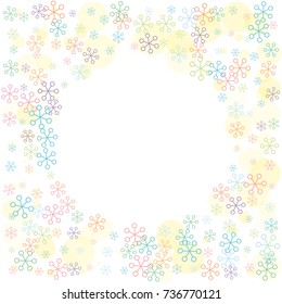 Round frame or border Christmas background with random scatter falling colorful snowflakes and yellow polka dots isolated on white.