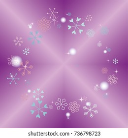 Round frame or border Christmas background with random scatter falling colorful snowflakes, blurred lights and sparkles on a lilac gradient background