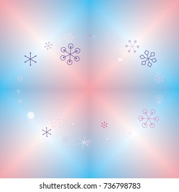 Round frame or border Christmas background with random scatter falling colorful snowflakes, bright lights and sparkles on a blue and pink blurred background