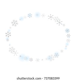 Round frame or border Christmas background with random scatter falling silver snowflakes and blue blurred dots isolated on white.