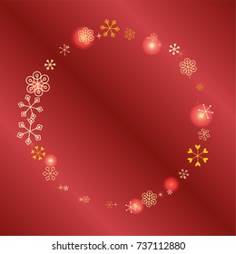 Round frame or border Christmas background with random scatter falling golden snowflakes, red blurred lights and sparkles on a red gradient background