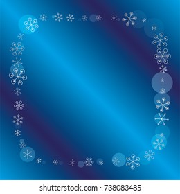 Round frame or border Christmas background with random scatter falling silver snowflakes and blue polka dots on a navy blue background.