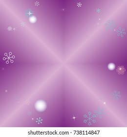 Round frame or border Christmas background with random scatter falling colorful snowflakes, blurred lights and sparkles on a lilac gradient background