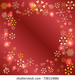 Round frame or border Christmas background with random scatter falling golden snowflakes, red blurred lights and sparkles on a red gradient background