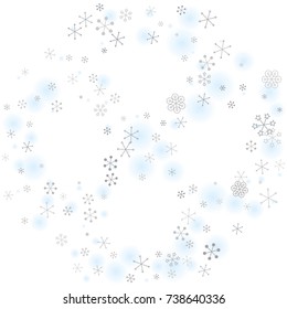 Round frame or border Christmas background with random scatter falling silver snowflakes and blue blurred dots isolated on white.