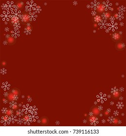 Round frame or border Christmas background with random scatter falling silver snowflakes and red blurred lights on a burgundy background.