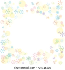 Round frame or border Christmas background with random scatter falling colorful snowflakes and yellow polka dots isolated on white.